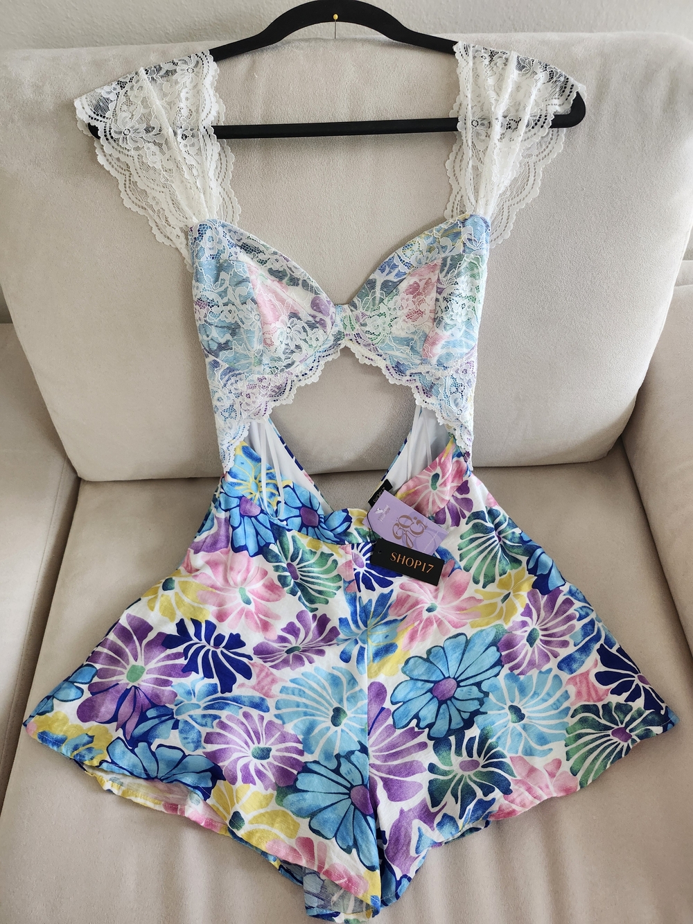 Lace Trim Floral High-Waist Romper - Multicolor - Picture 2 of 4